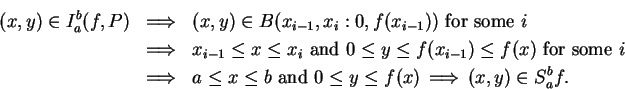 \begin{eqnarray*}
(x,y) \in I_a^b(f,P) &\mbox{$\Longrightarrow$}& (x,y) \in B(x_...
...mbox{$\hspace{1ex}\Longrightarrow\hspace{1ex}$}(x,y) \in S_a^bf.
\end{eqnarray*}