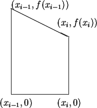 \begin{picture}(2,3)(-.5,-.5)
\put(0,0){\line(1,0){1}}
\put(0,0){\line(0,1){1....
...\put(.8,1.2){$(x_i,f(x_i))$}
\put(0,1.52){$(x_{i-1},f(x_{i-1}))$}
\end{picture}