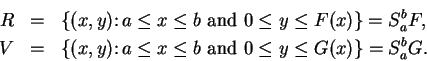 \begin{eqnarray*}
R &=& \{ (x,y)\colon a\leq x\leq b \mbox{ and } 0\leq y\leq F(...
...y)\colon a\leq x\leq b \mbox{ and } 0\leq y\leq G(x)\} =S_a^b G.
\end{eqnarray*}