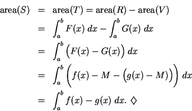 \begin{eqnarray*}
\mbox{area}(S) &=& \mbox{\rm area}(T) = \mbox{\rm area}(R) - \...
...Bigg)\; dx \\
&=&\int_a^b f(x)-g(x)\; dx.\mbox{ $\diamondsuit$}
\end{eqnarray*}