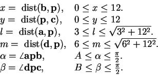 \begin{displaymath}\begin{array}{ll}
x=\mbox{ dist} (\mbox{{\bf b}},
\mbox{{\bf ...
...p}}\mathbf{{\bf c}}, & B\leq\beta\leq {\pi\over 2}.
\end{array}\end{displaymath}