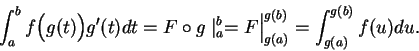 \begin{displaymath}\int_a^b f\Big(g(t)\Big)g'(t)dt=F\circ
g\mid_a^b=F\Big\vert _{g(a)}^{g(b)}=\int_{g(a)}^{g(b)}f(u)du.\end{displaymath}