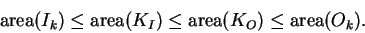 \begin{displaymath}\mbox{\rm area}(I_k)\leq\mbox{\rm area}(K_I)\leq\mbox{\rm area}(K_O)\leq \mbox{\rm area}(O_k).\end{displaymath}