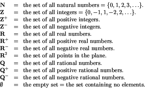\begin{displaymath}
\begin{array}{lcl}
\mbox{{\bf N}}&=& \mbox{the set of all n...
... = \mbox{the set containing no elements}. \nonumber
\end{array}\end{displaymath}