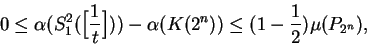 \begin{displaymath}0 \leq \alpha(S_1^2(\Big[{1\over t}\Big])) - \alpha(K(2^n))
\leq (1-{1\over 2})\mu(P_{2^n}), \end{displaymath}