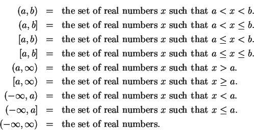 \begin{eqnarray*}
(a,b) &=& \mbox {the set of real numbers } x \mbox { such that...
...eq a.\\
(-\infty ,\infty ) &=& \mbox {the set of real numbers.}
\end{eqnarray*}