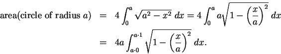 \begin{eqnarray*}
\mbox{ area(circle of radius } a) &=&4\int_0^a\sqrt{a^2-x^2}\;...
...nt_{a\cdot 0}^{a\cdot 1}\sqrt{1-\left({x\over a}\right)^2} \;dx.
\end{eqnarray*}