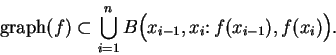 \begin{displaymath}\mbox{graph}(f)\subset\bigcup_{i=1}^n B\Big(x_{i-1},x_i\colon
f(x_{i-1}),f(x_i)\Big).\end{displaymath}