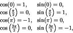 \begin{displaymath}\begin{array}{ll}
\cos (0)=1, & \sin(0)=0,\\
\cos\Big({\pi\o...
...er 2}\Big)=0, & \sin\Big({{3\pi}\over 2}\Big) = -1,
\end{array}\end{displaymath}