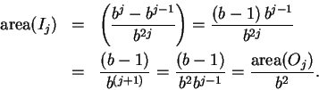 \begin{eqnarray*}
\mbox{\rm area}(I_j) &=&\left({b^{j}-b^{j-1}\over b^{2j}}\righ...
...)}} = {(b-1)\over b^2b^{j-1}} = {\mbox{\rm area}(O_j)\over b^2}.
\end{eqnarray*}
