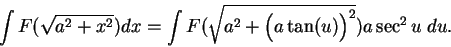 \begin{displaymath}\int F(\sqrt{a^2+x^2})dx=\int F(\sqrt{a^2+\Big(a\tan (u)\Big)^2})a\sec^2
u\;du.\end{displaymath}