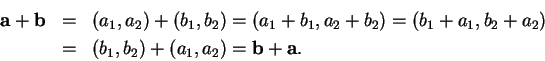 \begin{eqnarray*}
\mbox{{\bf a}}+\mbox{{\bf b}}& = & (a_1,a_2)+(b_1,b_2)=(a_1+b_...
...a_2)\\
& = & (b_1,b_2)+(a_1,a_2)=\mbox{{\bf b}}+\mbox{{\bf a}}.
\end{eqnarray*}