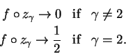 \begin{eqnarray*}
f\circ z_{\gamma} \to 0 &\mbox{if}& \gamma \neq 2\\
f \circ z_{\gamma} \to {1\over 2} &\mbox{if}& \gamma = 2.
\end{eqnarray*}