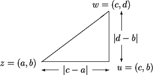 \begin{picture}(3,1)(-.8,-.3)
\put(0,0){\line(1,0){.8}}
\put(.8,0){\line(0,1){.6...
...5){$\vert d-b\vert$}
\put(.4,-.1){\makebox(0,0){$\vert c-a\vert$}}
\end{picture}