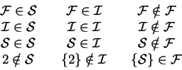 \begin{displaymath}\begin{array}{ccc}
\mbox{$\cal F$}\in\mbox{$\cal S$}\quad & \...
...cal I$}&\quad \{\mbox{$\cal S$}\}\in\mbox{$\cal F$}
\end{array}\end{displaymath}