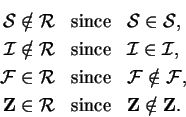 \begin{eqnarray*}
{\cal S}\notin{\cal R}&\mbox{since}& {\cal S}\in{\cal S}, \\
...
...f Z}\in{\cal R}&\mbox{since}& {\bf Z}\notin{\bf Z}. \phantom{\}}
\end{eqnarray*}