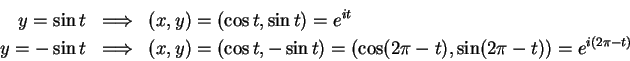 \begin{eqnarray*}
y=\sin t&\mbox{$\Longrightarrow$}&(x,y)=(\cos t,\sin t)=e^{it}...
... t,-\sin
t)=\left(\cos(2\pi-t),\sin(2\pi-t)\right)=e^{i(2\pi-t)}
\end{eqnarray*}