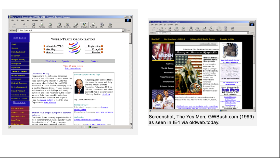 Screenshot of GWBush.com by The Yes Men, viewed live through an emulated old browser on Net Art Anthology