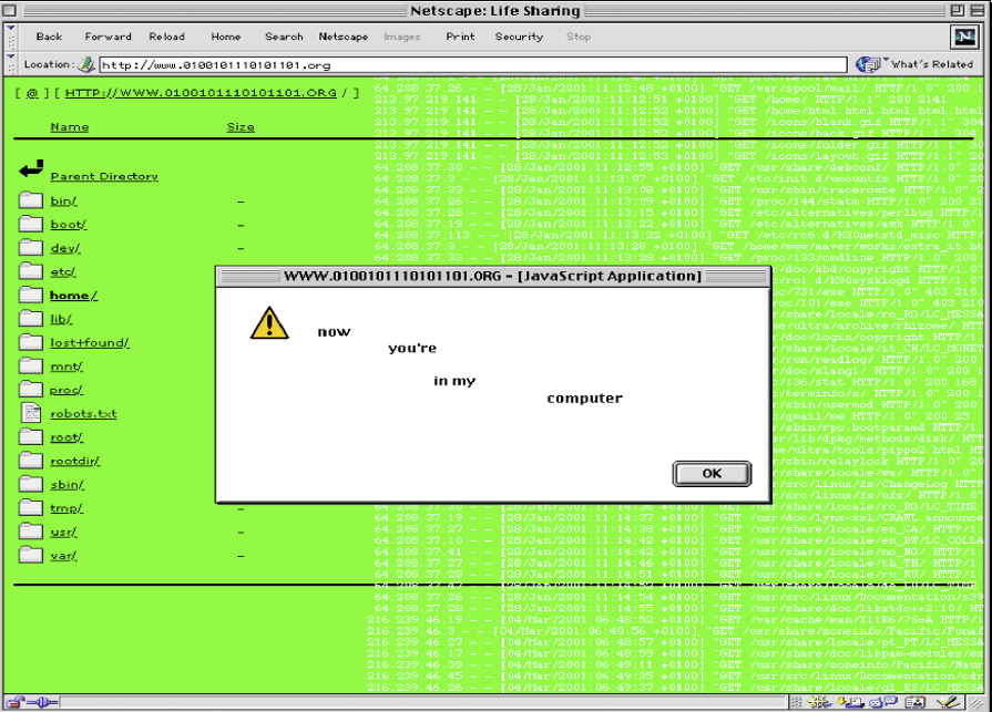 Screenshot of a live archived work, a Netscape browser window with a pop up dialog