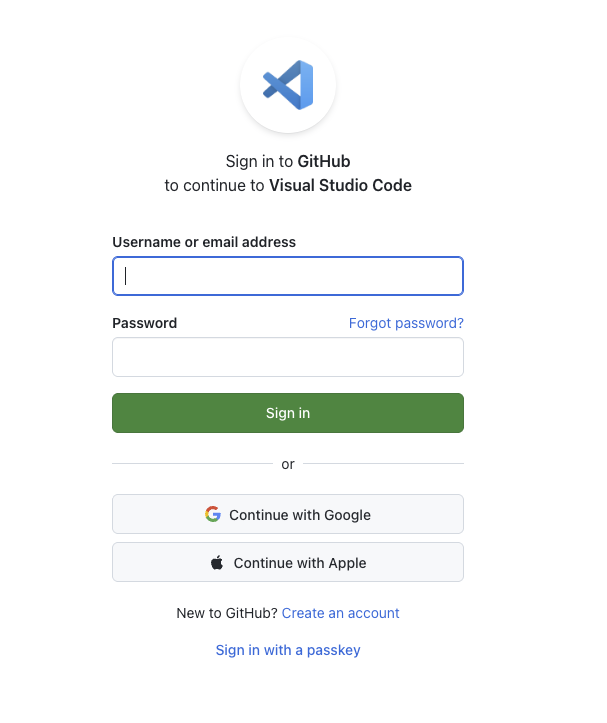 GitHub sign in page opened in a browser tab, with username and password fields and a Continue with Google button below them