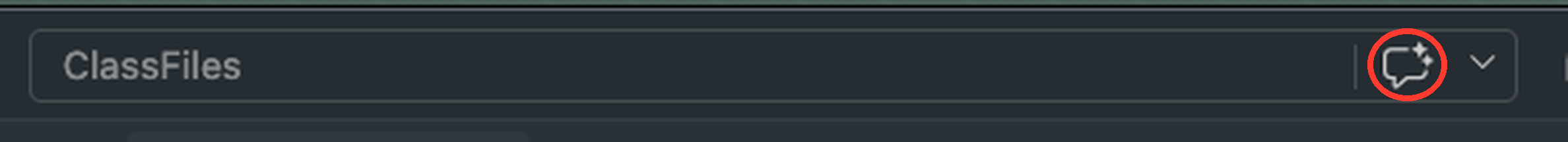 Top of the VS Code window showing the folder name and the Copilot Chat icon circled in red, a speech bubble with a sparkle, next to a dropdown arrow