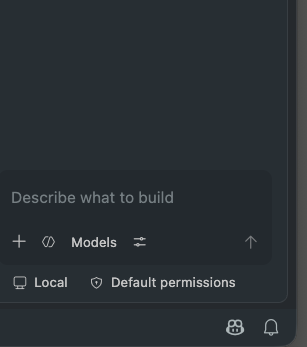 The empty Copilot Chat panel in VS Code, showing a Describe what to build input box with Models picker and a send arrow