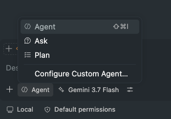 VS Code chat panel with the agents dropdown open, showing Agent, Ask, and Plan as mode options above Configure Custom Agent