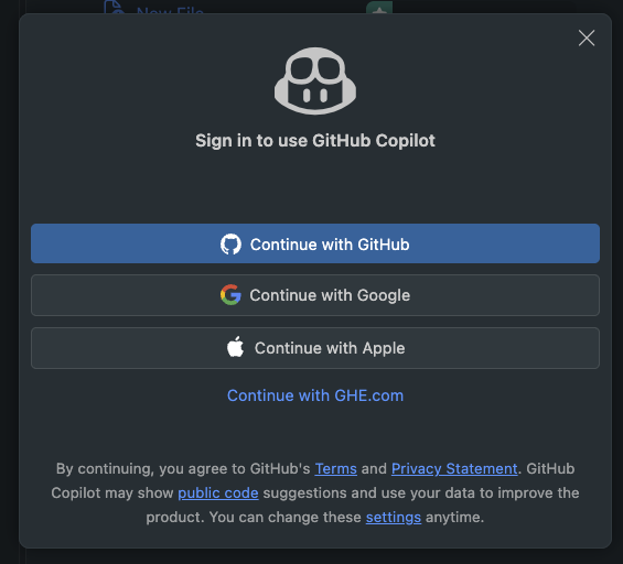 Sign in to use GitHub Copilot window in VS Code, showing Continue with GitHub, Continue with Google, Continue with Apple, and Continue with GHE.com as options