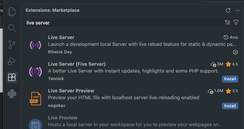 VS Code Extensions Marketplace search results for live server, showing Live Server by Ritwick Dey at the top of the list above similarly named extensions like Live Server (Five Server) and Live Server Preview