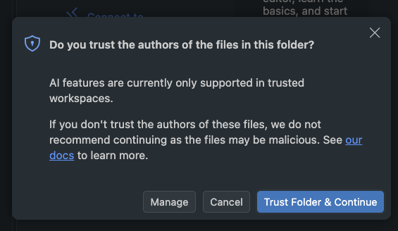 VS Code Workspace Trust dialog asking Do you trust the authors of the files in this folder, with Manage, Cancel, and Trust Folder and Continue buttons